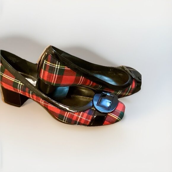 Anne Klein Vtg Red Black Women’s Sz 6.5 Block Heel Pumps Classic Plaid Preppy - Picture 1 of 7